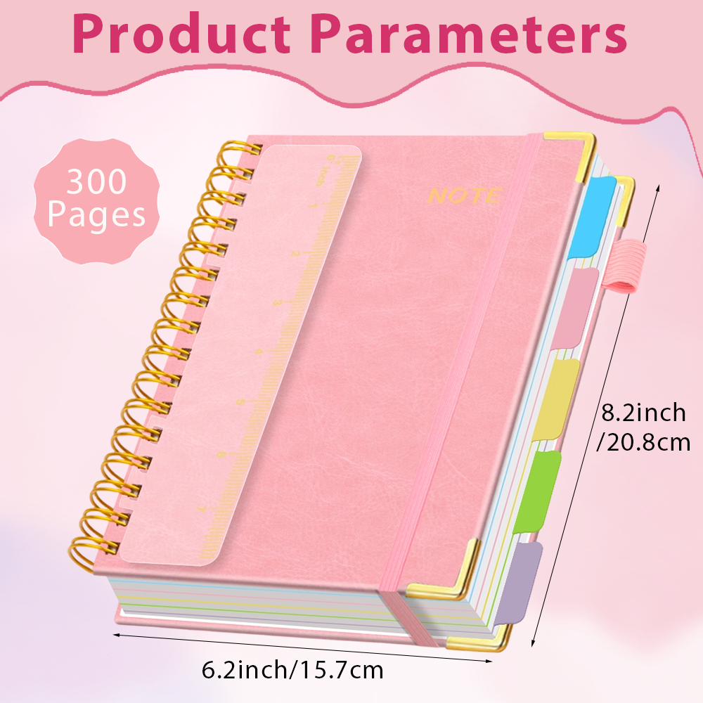 A5 size 5 Subject Spiral Notebook with Removable Dividers Tabs Hardcover Notebook Journal for Women Men,Perfect for Academic Supplies,College Ruled,300 Pages