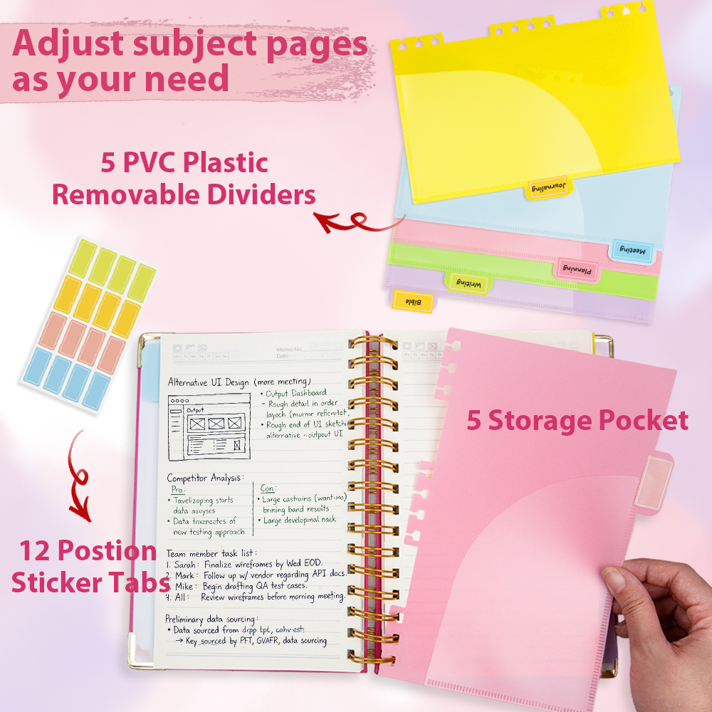 A5 size 5 Subject Spiral Notebook with Removable Dividers Tabs Hardcover Notebook Journal for Women Men,Perfect for Academic Supplies,College Ruled,300 Pages