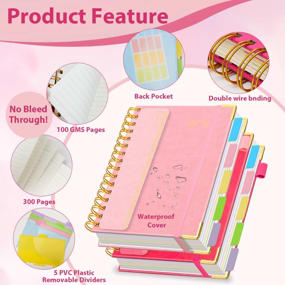 A5 size 5 Subject Spiral Notebook with Removable Dividers Tabs Hardcover Notebook Journal for Women Men,Perfect for Academic Supplies,College Ruled,300 Pages