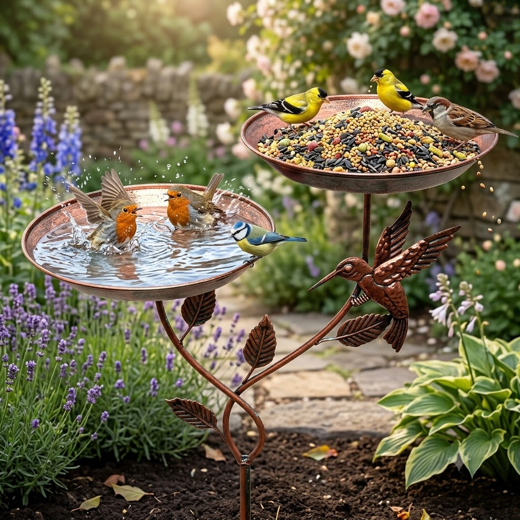 A Dual-purpose Iron Bird Bath And Feeder, Available In Various Sculpture Styles. Features 5Rust-resistant Claws For Secure Outdoor Placement. Ideal For Garden And CourtyardDecoration, Serving As A Bird Watering And Bathing Station. Easy To Clean