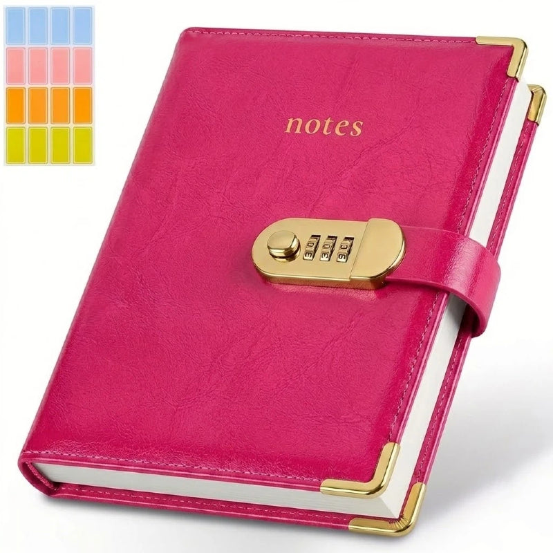 A lockable PU leather-bound password notebook with a clasp and password function, A5 size, 256page compact and portable, suitable for students and offices, available in multiple colors