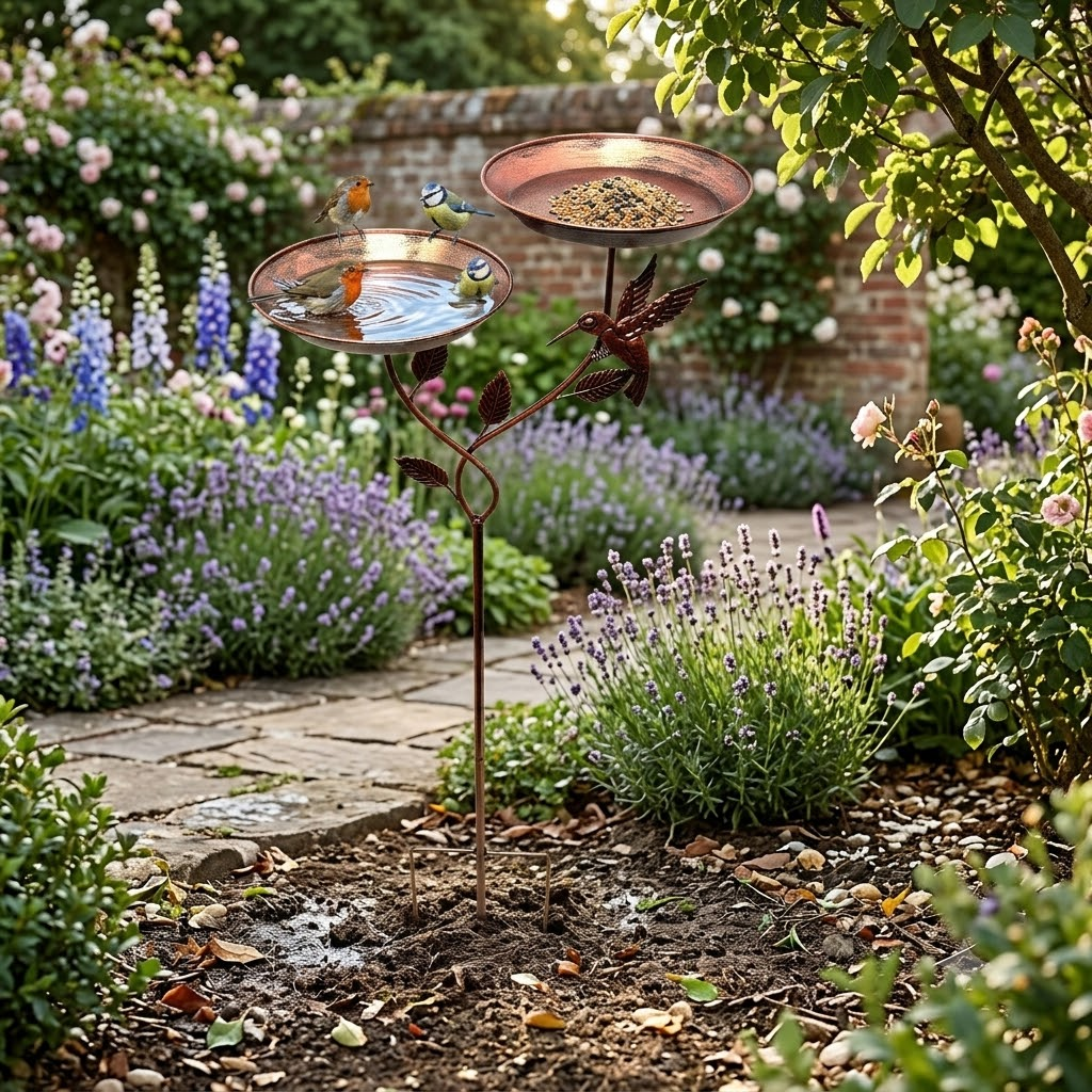 A Dual-purpose Iron Bird Bath And Feeder, Available In Various Sculpture Styles. Features 5Rust-resistant Claws For Secure Outdoor Placement. Ideal For Garden And CourtyardDecoration, Serving As A Bird Watering And Bathing Station. Easy To Clean