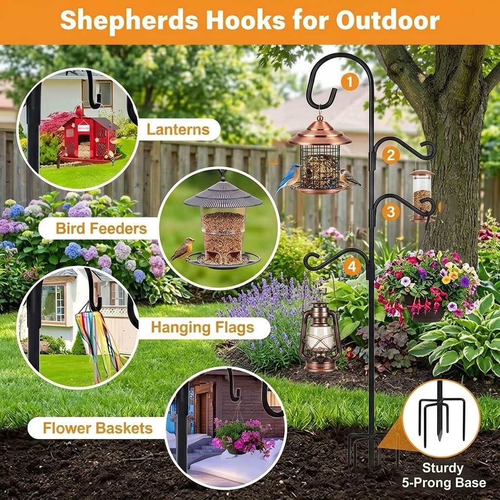 Metal Garden Pole, Shepherds Hooks For Outdoor Duty, Sturdy Garden Shepherd Hook, AndParks Hanging Storage Racks, Outdoor Hanging Stand For Bird Feeders, Flower Pots, Lantems,And Garden Decorations, The Perfect Gift For Labor Day Decorations