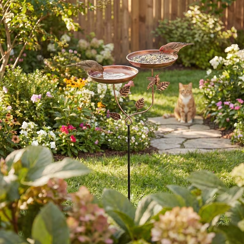 A Dual-purpose Iron Bird Bath And Feeder, Available In Various Sculpture Styles. Features 5Rust-resistant Claws For Secure Outdoor Placement. Ideal For Garden And CourtyardDecoration, Serving As A Bird Watering And Bathing Station. Easy To Clean